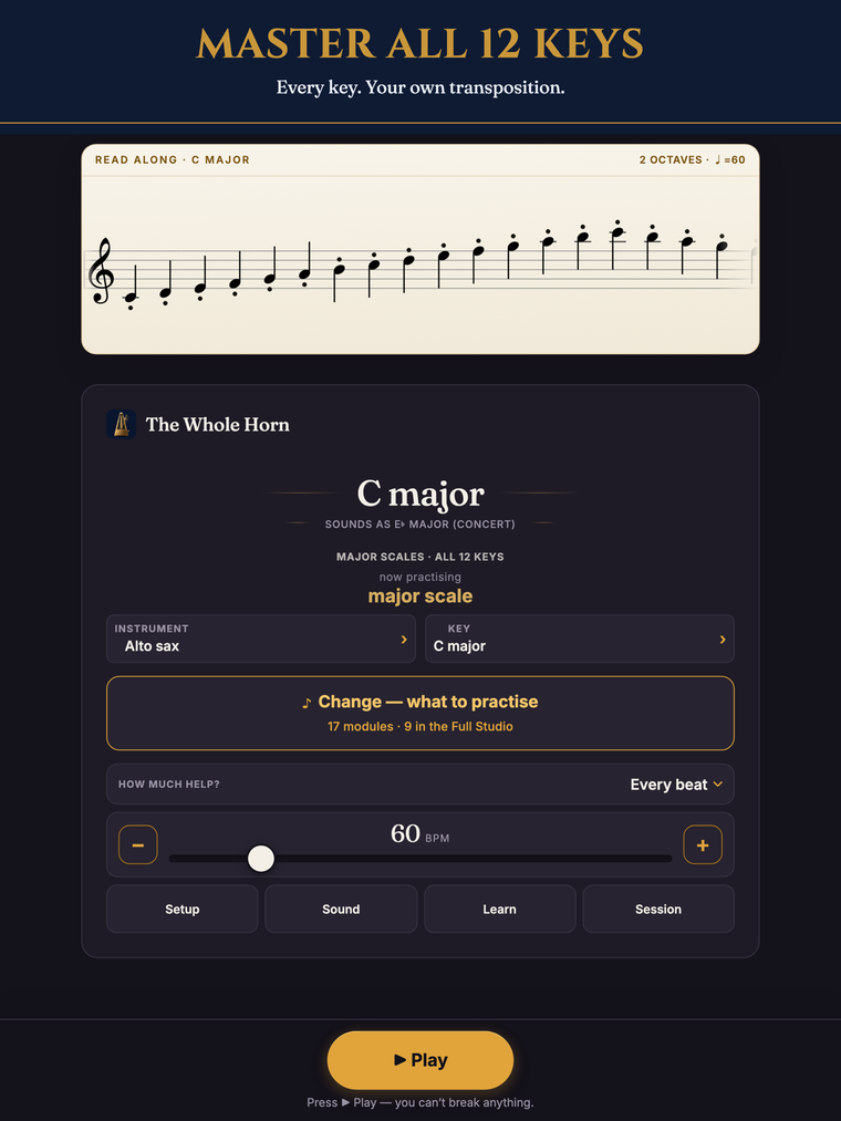 The Whole Horn on iPad — Master all 12 keys, C major shown for alto sax