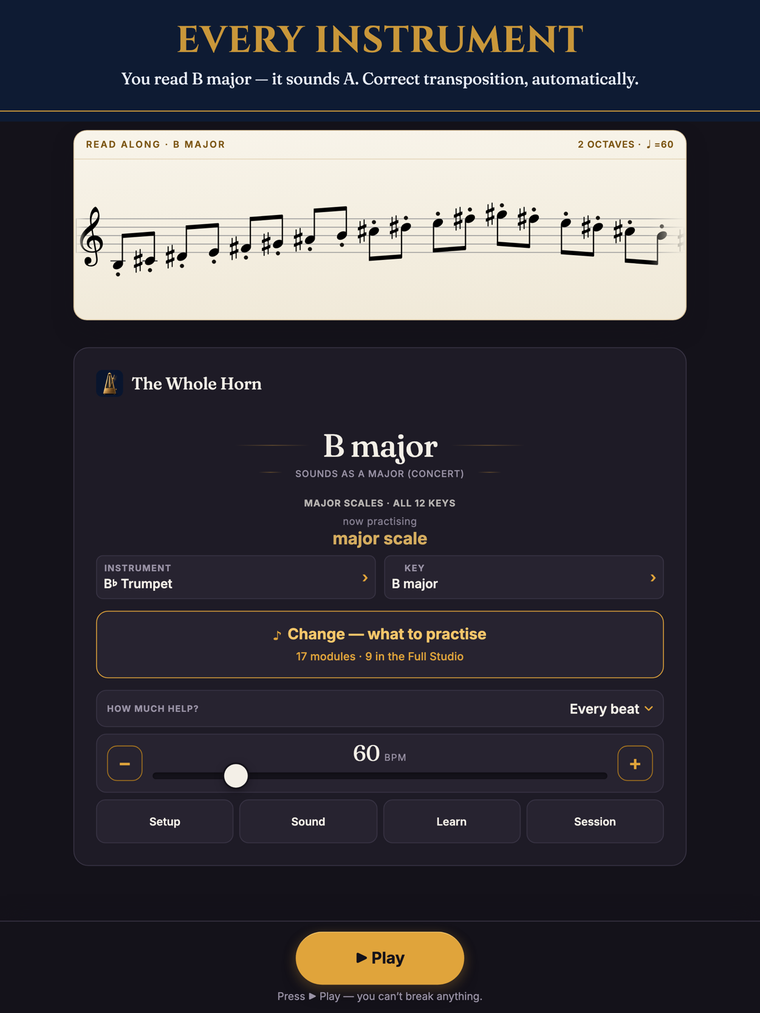 The Whole Horn on iPad — every instrument, B major shown for B-flat trumpet