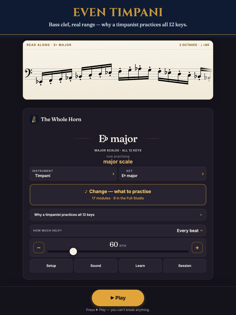 The Whole Horn on iPad — timpani in bass clef, real kettle range