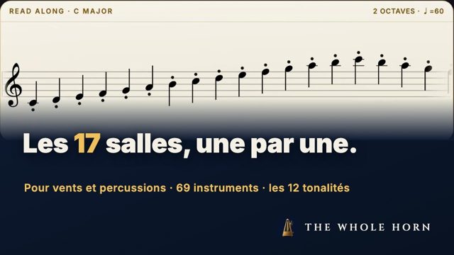 17 salles, un par un — les gammes de ton instrument, déjà transposées